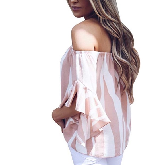 Beautiful woman striped off shoulder top blouse - Picture 3 of 5